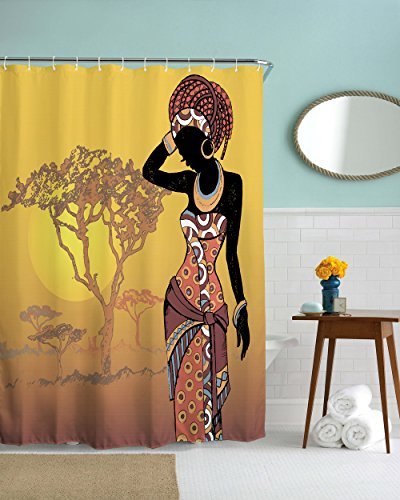 African Woman Shower Curtain, Sunset Tree Water Repellent Fabric Bath Curtains, 72W by 72H, Brown Black