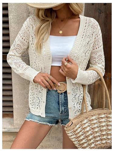 Women's Crochet Hollow Out Cardigan Sweater Button Down Long Sleeve Sheer Knitwear2