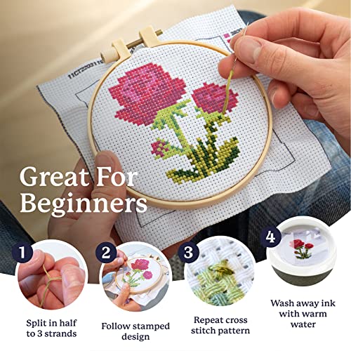 Image of Kraftex Stamped Cross Stitch Kits for Beginners (Flower Theme - 6.75 Inch - 4 Pack 1 x Embroidery Hoop) Embroidery Needlepoint Patterns for Adults, Includes Poppy, Rose, Sunflower and Pansy