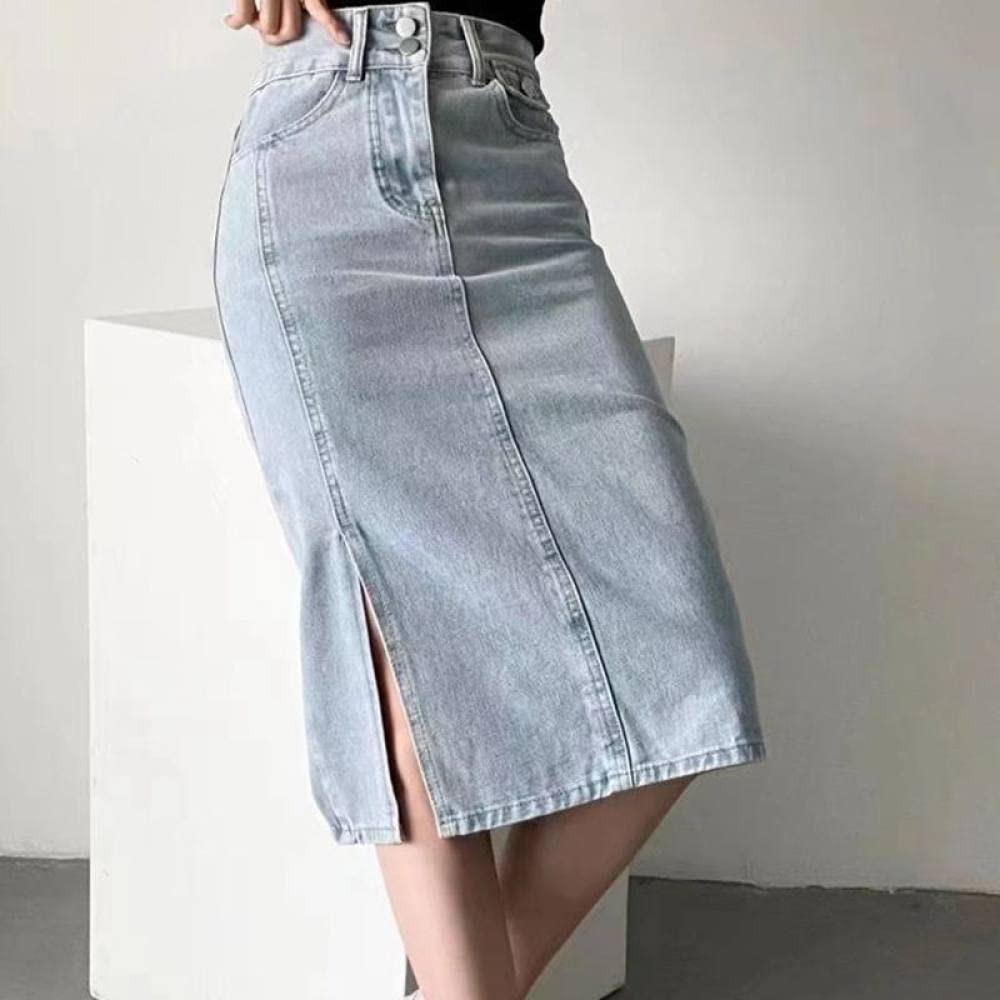 Röcke,Damen-Midirock Blau High Waist Slit Pack Hip Denim Rock Mode Knopf Reißverschluss Mit Tasche A-Linie Lässig Knielang Lange Röcke Für Mädchen Damen,S