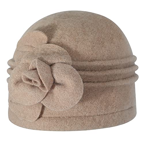 ZLYC Damen Winter Wolle Fischerhüte Blumen 1920s Vintage Bowler Hut (Blume Khaki),Einheitsgröße