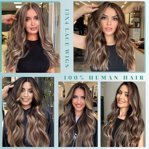 Image of Munx Ash Blonde Lace Front Wig Human Hair for White Women, Pre Plucked 13x4 Ombre Highlight Wig Human Hair Natural Hairline Full 180% Density Brown and Blonde Glueless Frontal Wigs 16 inch