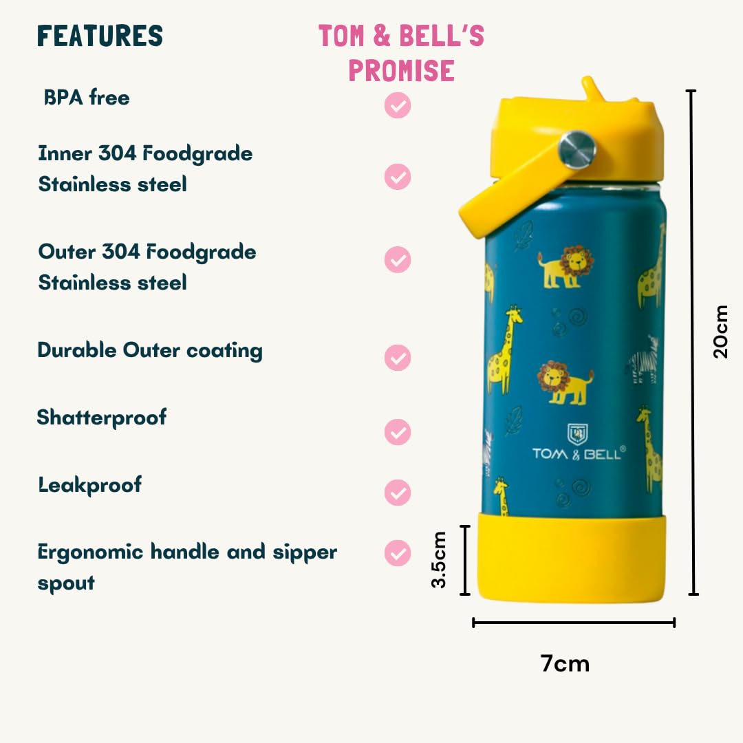 TOM & BELL Insulated Water Bottle for Kids 500ml,Double Wall Water Bottle for School, Sipper Bottle,Hot and Cold, Premium 304 Stainless Steel (Dark green, 500ml) - Image 6 thumbnail