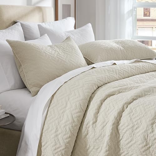 Image of palassio Beige 100% Cotton Quilt Queen Size Bedding Sets with 2 Pillow Shams, Lightweight Textured Farmhouse Country Bedspread Soft Shabby Chic Patterned Coverlet for All Season, 3 Pieces