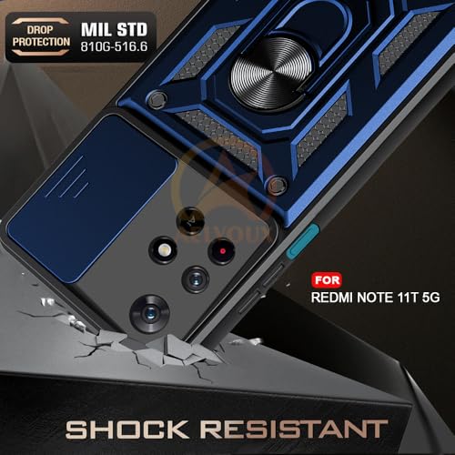 Image of Armor Bumper Back Cover Case for Redmi Note 11T 5G / Poco M4 Pro 5G Rotating Camera Cover, Ring Holder & Kickstand | Heavy Duty & 360 Degree Protection Back Cover (Blue)
