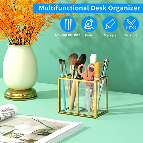 Image of NIUBEE Gold Acrylic Pen Holder for Desk, Clear Pencil Cup Organizer Makeup Brush Holder, Acrylic Desk Organizers and Accessories for Desktop Office - 2 Compartments