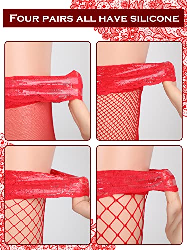 Image of Bencailor 4 /6 /12 Pairs Fishnet Thigh High Stocking for Women Silicone Lace Top Sheer Over Knee Stockings