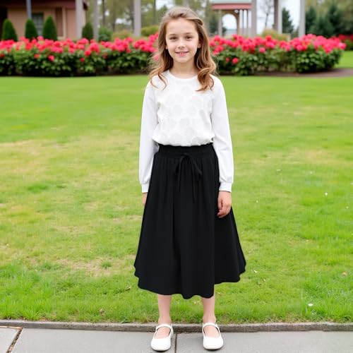Image of Girls Maxi Skirt A-Line Uniform Skirts School Daily Skirt with Pockets, 4-13 Years
