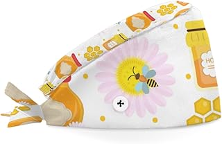 Bouffant Scrub Caps Printed Working Surgical Cap Bee Honey Theme Nurse Hats with Buttons and Sweatband Adjustable Tie Back Hat for Women Men Multi Color