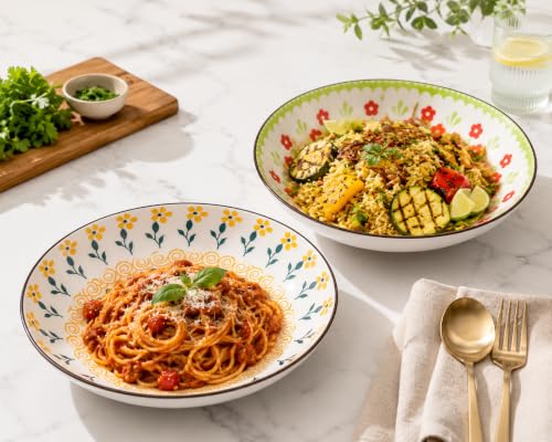 Image of Ceramic Pasta Plate, 20.4 cm Porcelain Dinner Plates, Microwave & Dishwasher Safe, Food Grade Ceramic, Deep Serving Plate for Pasta, Salad, Soup, Curry & Noodles (Multicolor Floral, PACK OF 2)