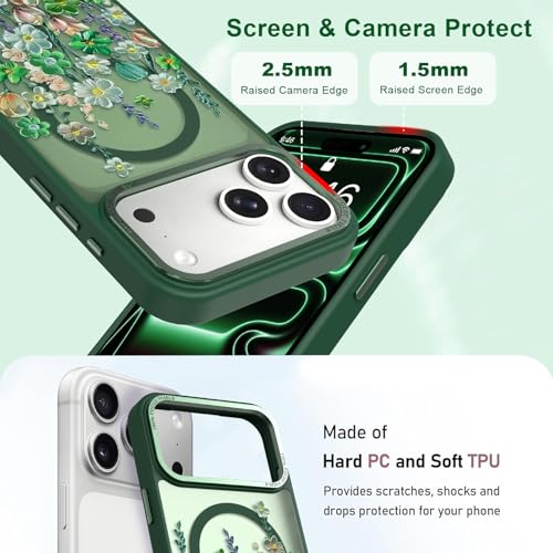 Image of Magnetic for iPhone 17 Pro Max Case for Women Girls, Green Floral | Pretty Oil Painting Flower Pattern Design [Compatible with MagSafe] Shockproof Slim Translucent Matte Non-Slip Cover