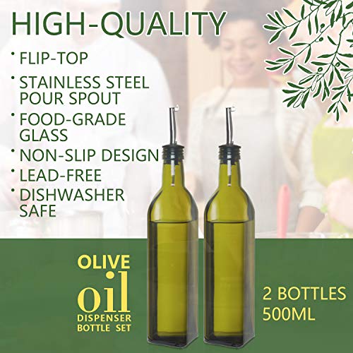 Rocinha Olive Oil Dispenser Bottle Set, Dark Green Olive Oil Bottle, Glass Olive Oil Bottle for Kitchen Cruet Set, Olive Oil Bottle with Stainless Steel Funnel, Pour Spouts, Labels,2 Pack 17oz