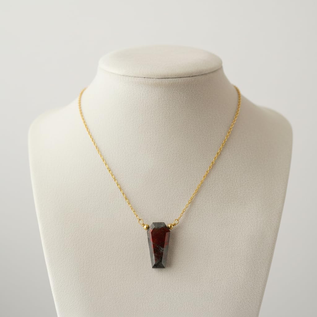 Natural Bloodstone Geometric Coffin Pendant Necklace for Women | Gold Plated Hypoallergenic Vitality Crystal Jewelry | Courage & Healing Stone Gift 16"+2" (Bloodstone) - Image 3