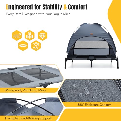 Lekespring Hundeliege Outdoor mit Dach & Erhöht Design - Atmungsaktive & wasserdichte Hundebett Outdoor, Hundeliege mit Sonnenschutz für Camping, Park & Indoor, Leicht & Tragbar, Grau