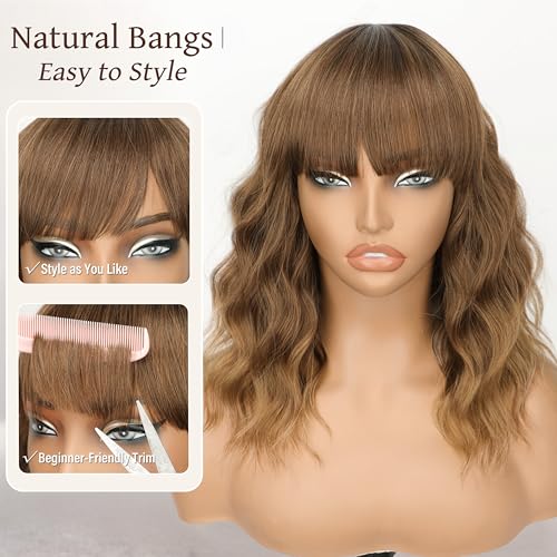 Image of Nnzes Short Wavy Bob Wig with Bangs for Women Shoulder Length Curly Soft Honey Brown to Blonde Ombre Synthetic Heat-Resistant Fiber Hair for Daily & Party Use