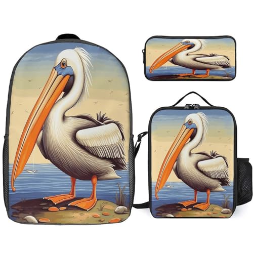 Printed Backpack With Lunch Pack Storage Box Case Pelican Birds 3pcs Lightweight Travel Backpack