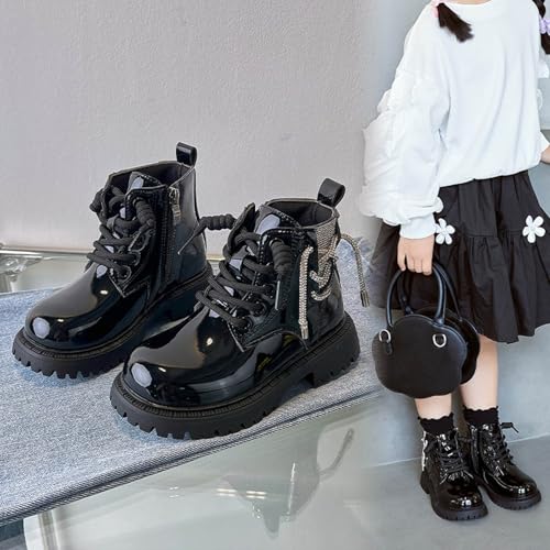 Girls Goth Lace Up Boots Side Zip Up Preppy Style Mid Calf Boots Easy On PU Leather Lug Sole Non-Slip Toddler Shoes 5