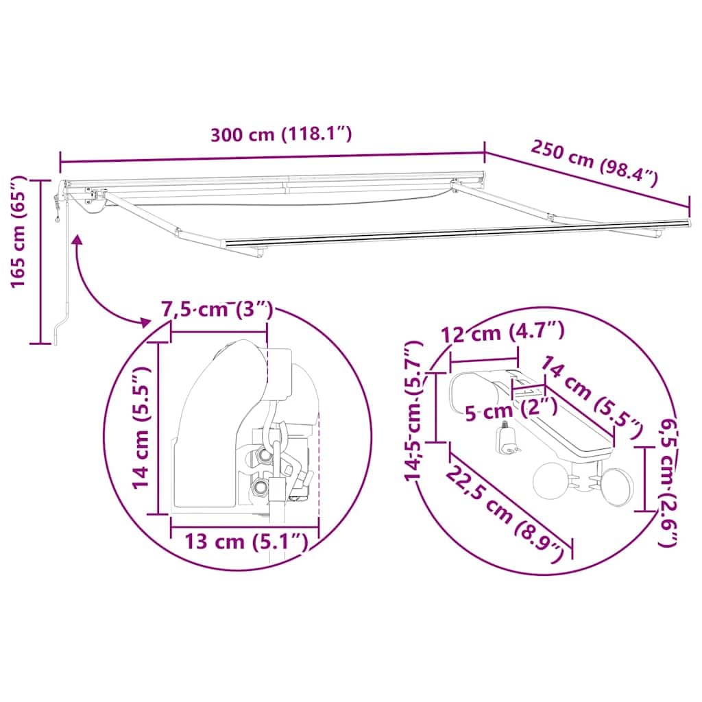 Toldo automático con LED marrón, 300 x 250 cm, brazo articulado, protección solar, resistente al agua, resistente a los rayos UV, con sensor de viento y manivela para terraza, balcón, exterior