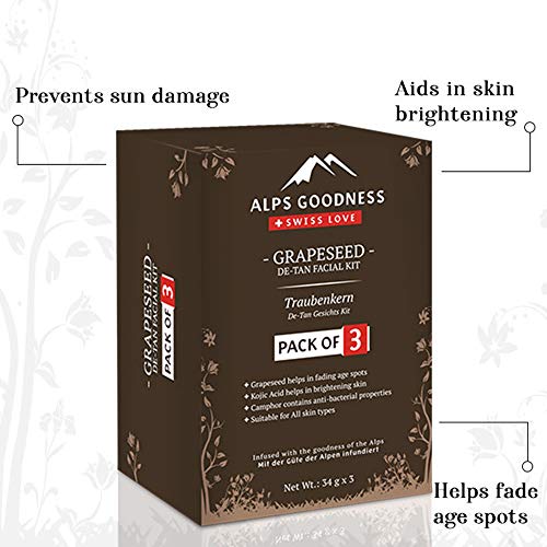 Image of Alps Goodness Grapeseed De-Tan Facial Kit - Pack of 3 (34 g x 3) - Helps Fade Age Spots & Sun Damage, Imparts Skin Brightness - Cruelty Free
