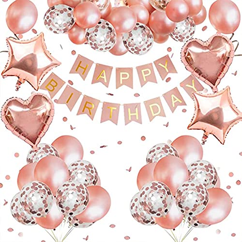 OneCut Rosegold Luftballons Geburtstagsdeko 32 Stück 12 Zoll Rosegold Konfetti Ballons Happy Birthday Banner Herz Stern Folien Konfetti Luftballons für Mädchen Geburtstag Party Deko Cover