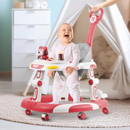 Baby Walkers, 5-in-1 Multifunctional, Height Adjustable, Foldable, Activity Center with Wheels &Music &Toys Tray, Infant Toddler Walker for Boys and Girls 6-24 Months(Pink)