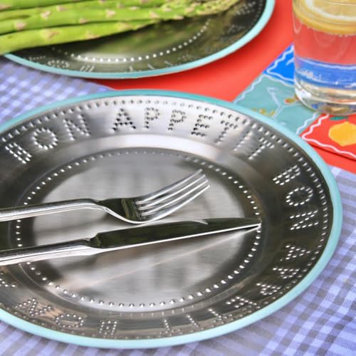 Talking Tables Handgefertigter Edelstahlteller mit grünem Emaille-Rand, langlebige Beilage, leicht, für den täglichen Gebrauch drinnen oder draußen, Essen, Picknick, Camping, Grillen, Sommergeschirr,