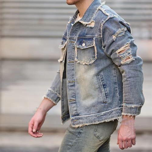 Men Streetwear Solid Ripped Slim Denim Jacket Male Holes Casual Jacket Coat Casual Classic Denim Jacket3