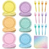CHUNNIN 96Pcs Pastel Rainbow Party Plates and Napkins Forks for Colorful Rainbow Birthday Decorations Baby Shower Glittery Plates Set for 24 Guests Birthday Party Supplies Favors