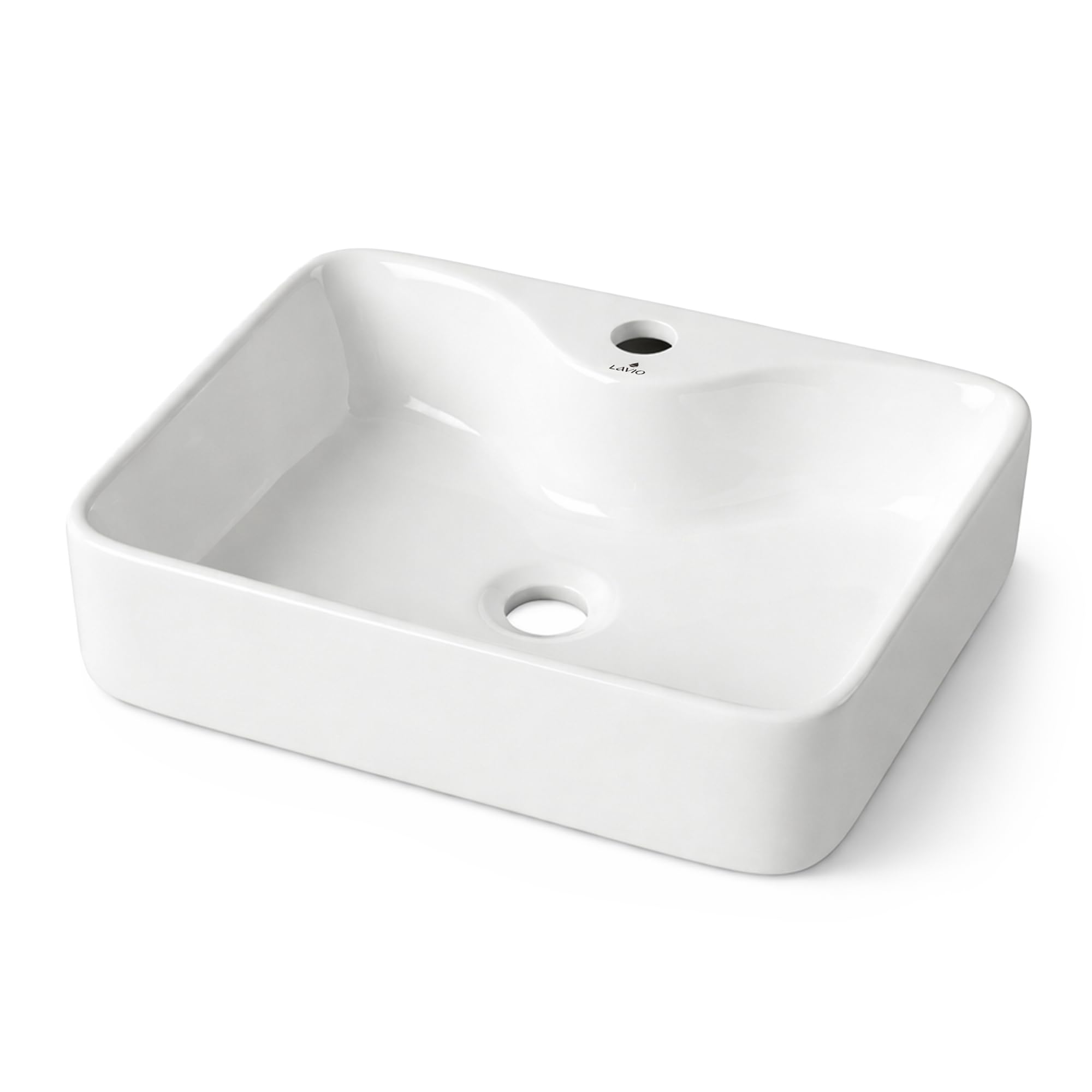 AKORD Lavabo da Appoggio Rettangolare AURA in Ceramica per Bagno, Moderno con Foro Rubinetteria, 47x37,5x14 cm, Bianco Lucido