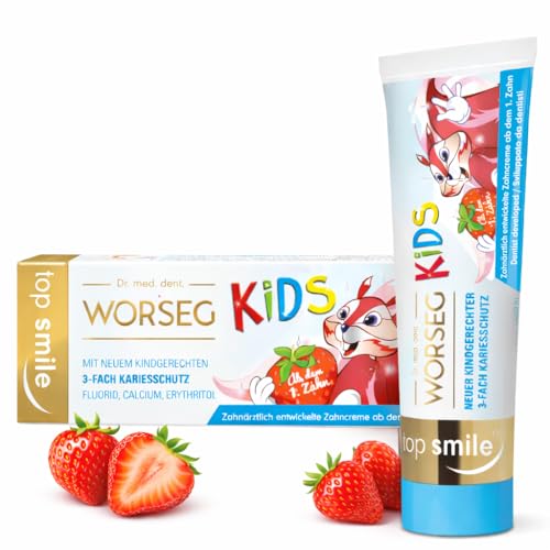 Dr. Worseg Top Smile Kids - Dentifricio per bambini con delizioso sapore di fragola a partire da 0 anni, 50 ml