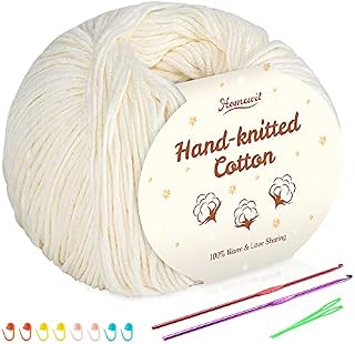 Cotton Yarn Beige 6 Pack, 100% Cotton for Baby Super Soft Children's Milk Cotton - Each Ball 1.76 Oz (50g) with 2 Metal (2.5-3.5mm) Crochet Hooks Baby Fluffy Ball for DIY Knitting
