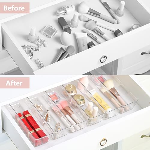 Image of ihomecooker 6 Set Clear Plastic Junk Drawer Organizer Vanity Curlery Utensil Makeups Organizer for Kitchen 9''X 3''