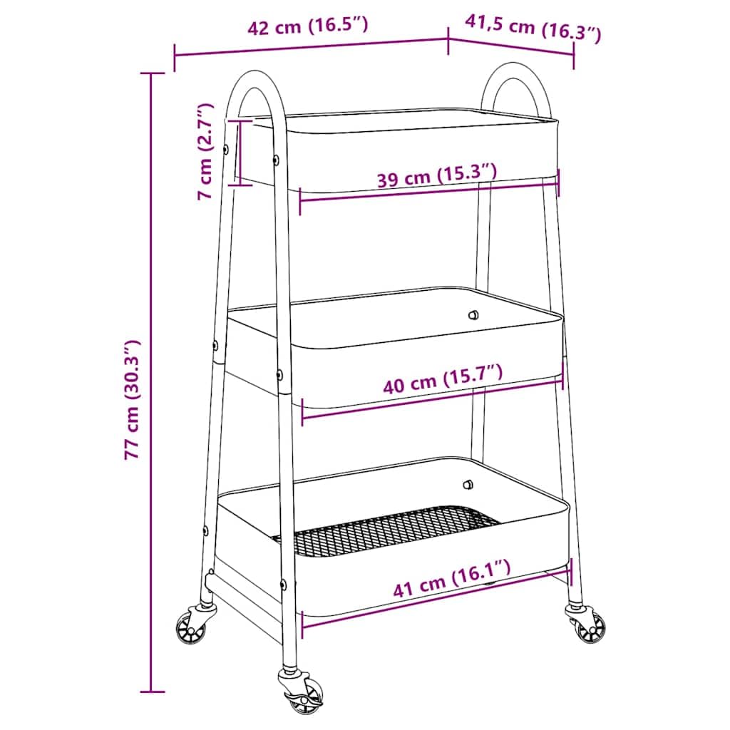 Carro de almacenamiento de 3 niveles azul de acero lacado, 42 x 41,5 x 77 cm, con 4 ruedas, dos bloqueables, para cocina, oficina, baño, transporte y organización de muebles, herramientas