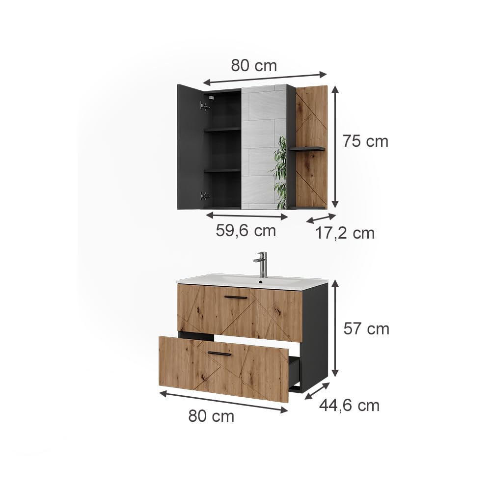 Vicco Zestaw mebli łazienkowych "Irma", Antracyt/Dąb goldkraft, 80 cm | zawiera szafkę pod umywalkę z umywalką oraz lustro łazienkowe