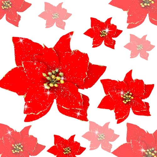 KEPATO Christmas Glitter Poinsettia Christmas Tree Ornaments Pack of 12 (Red)