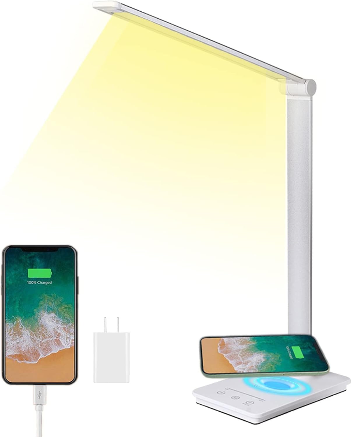 Tischlampe, Schreibtischlampe Büro 5 Farb und Stufenloses Dimmen Tischleuchte mit Wireless Ladegerät und Timmer Nachttischlampe Memory-Funktion Augenfreundliche Leselampe für Arbeit Lernen weiß