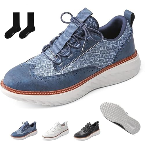 Oxford Ridge Leather Sneakers for Men, Lightweight Breathable Woven Upper Lace-Up Sneakers, Arch Support, Wide-Toe Fit Dress Shoes