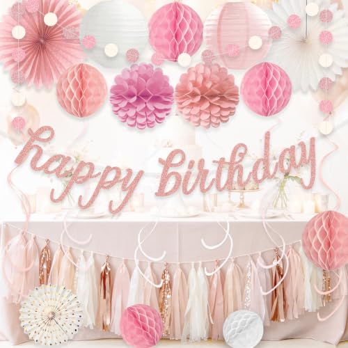 Image of Rose Gold Pink Birthday Decorations for Women Girls, Pre-Strung 24pcs | Happy Birthday Banner, Honeycomb Balls, Paper Flowers, Lanterns, Streamers, Dots Garland for Happy Birthday Party Decorations