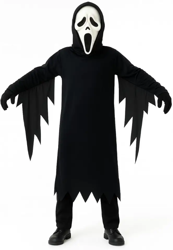 Fantasia Juvenil Fantasma Halloween Terror Bruxo Capuz Pânico Zorro Manto Rave Festa Cosplay Vilã Dia das Crianças Morcego