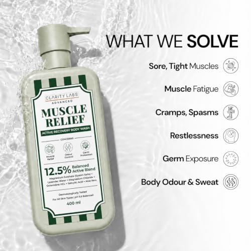 Image of Muscle Relief Epsom Body Wash with 12.5% Active Blend | Epsom Salt, Magnesium Chloride, Lavender & Aloe Vera | Post Workout, Sports Recovery, Body Ache & Sore Muscle Shower Gel for Men, Women, Boys, Girls & Teens | Sulphate Free | 400ml | Clarity Labs
