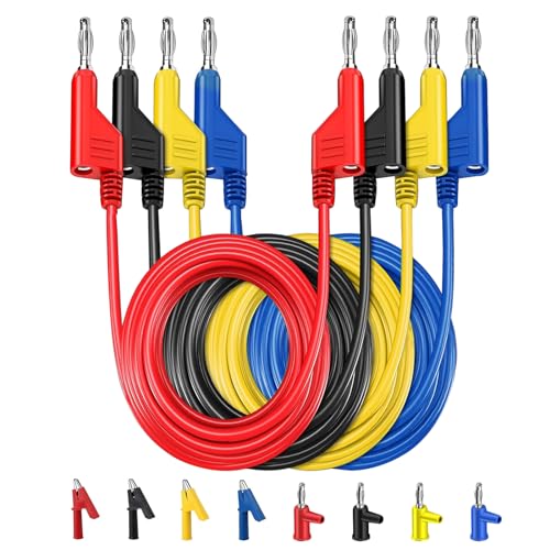 PIWOSGOL 4 PCS Câble de Test pour Multimètre, 4mm Cordons D'essai pour Fiche Banane en Silicone avec Pinces Crocodiles Isolées de Couleur, Câble de Mesure...