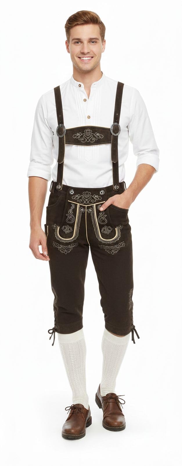 Premium Lederhose für Herren - Elegante Trachtenhose Gr.46-60 - Designer Lederhosen in 3 Farbvarianten (Hellbraun, Dunkelbraun, Schwarz) - 100% Rindsveloursleder