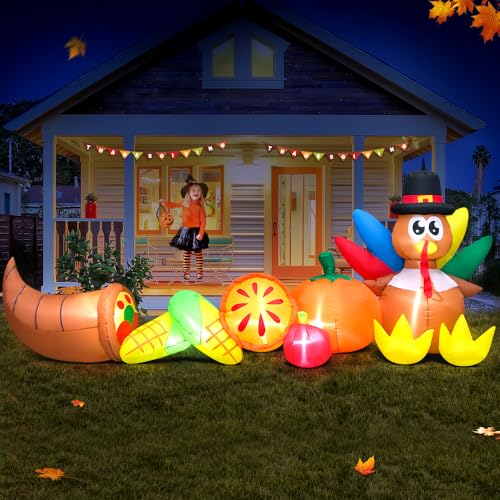 10FT Thanksgiving Inflatables Long Turkey Pumpkin with Corn Thanksgiving Inflatables Outdoor Decorations with LED Lights,Blow Up Turkey Yard Decorations for Fall,Holiday,Outdoor,Party,Lawn Décor