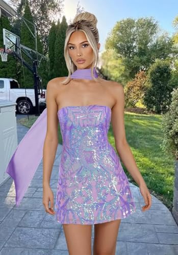 Miao Duo Sparkly Sequin Short Tight Homecoming Dresses with Scarf 2025 Strapless Mini Cocktail Party Dress YZTS2772
