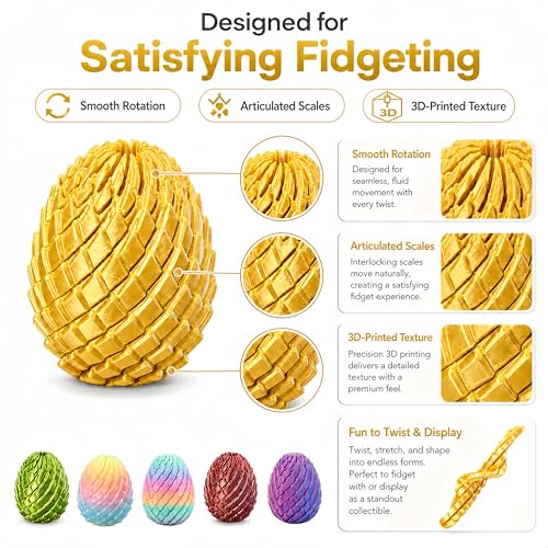 3D Printed Fidget Toy, Twisty Dragon Eggs, Spiral Slippery Egg Fidget Toy, Stress Relief Sensory Desk Toy for Adults and ADHD, Rotating Focus Anxiety Relief Pocket Toy (Gold)