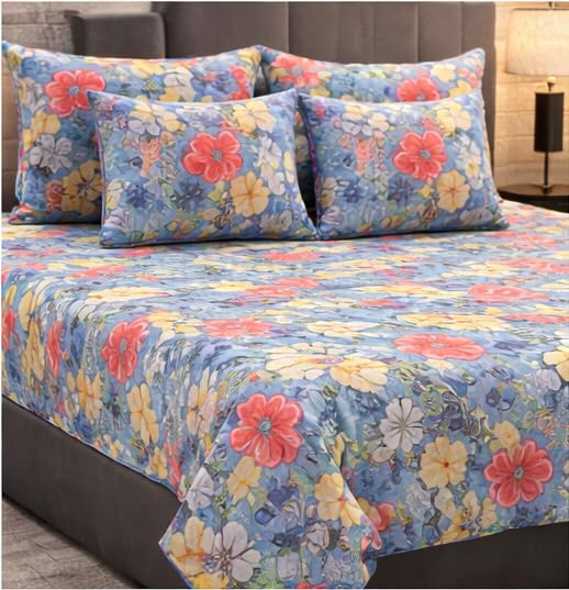 Image of Jashan 210 TC Premium Glace Cotton Elegant Multi Flowers Design 5 Pc Bedding Set - Soft, Stylish & Skin-Friendly Bedding Combo 1 Bedsheet+2Pillow Covers+2Cushion Covers with Fillers