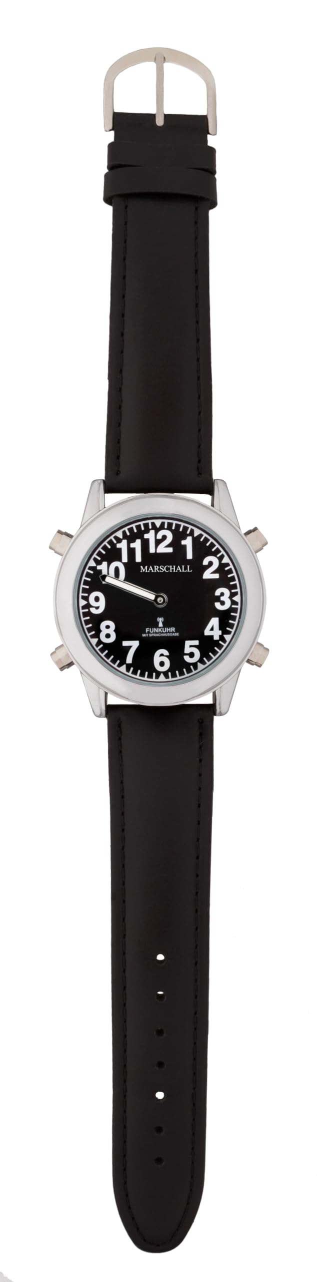 Marschall Deutsch sprechende Herren Armbanduhr I 1136SL I Funkarmbanduhr I Für Blinde, Senioren und Sehbehinderte I Datum- und Zeitansage I Extra große Zeiger I Schwarzes Lederarmband