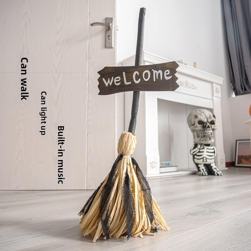 Generic Halloween Witch Broom Decoration, 29.5 inch LED Light Up Magic Broomstick with Sound Effects, Indoor Party Decor