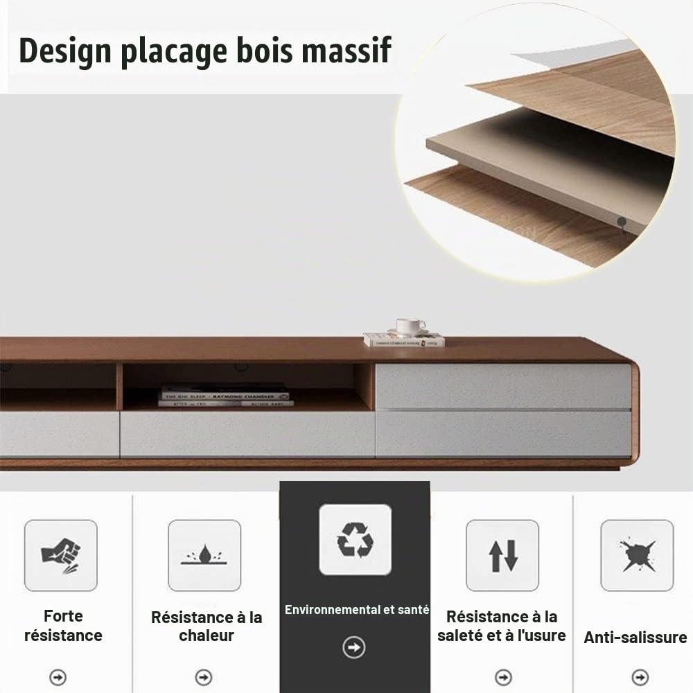 POVISON Meuble TV Moderne 200cm, Meuble TV Bois et Blanc avec Rangement 4 Tiroirs et 2 Etageres, Meuble de Salon Aucun Assemblage requis, 200 * 40 * 38cm