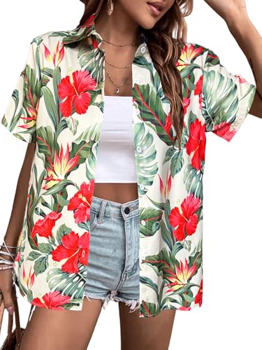 Hawaiian Shirts Women Hawaii Tshirt Cool Floral Tropic Print Graphic Tees Tops Button Up Summer Vacation Shirt, New a, Large